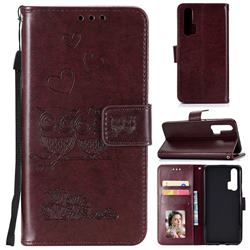 Embossing Owl Couple Flower Leather Wallet Case for Huawei Honor 20 Pro - Brown