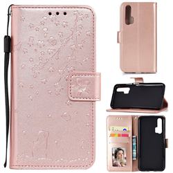 Embossing Cherry Blossom Cat Leather Wallet Case for Huawei Honor 20 Pro - Rose Gold