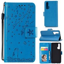 Embossing Cherry Blossom Cat Leather Wallet Case for Huawei Honor 20 Pro - Blue