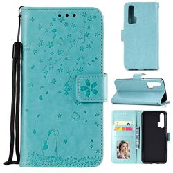Embossing Cherry Blossom Cat Leather Wallet Case for Huawei Honor 20 Pro - Green
