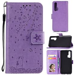 Embossing Cherry Blossom Cat Leather Wallet Case for Huawei Honor 20 Pro - Purple