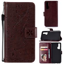 Embossing Cherry Blossom Cat Leather Wallet Case for Huawei Honor 20 Pro - Brown