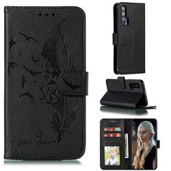 Intricate Embossing Lychee Feather Bird Leather Wallet Case for Huawei Honor 20 Pro - Black
