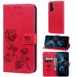 Embossing Rose Flower Leather Wallet Case for Huawei Honor 20 Pro - Red