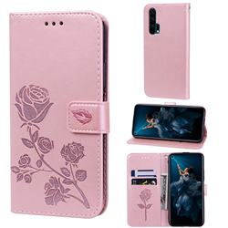 Embossing Rose Flower Leather Wallet Case for Huawei Honor 20 Pro - Rose Gold