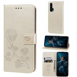 Embossing Rose Flower Leather Wallet Case for Huawei Honor 20 Pro - Golden