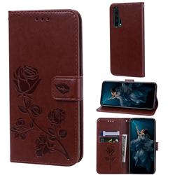 Embossing Rose Flower Leather Wallet Case for Huawei Honor 20 Pro - Brown