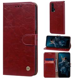Luxury Retro Oil Wax PU Leather Wallet Phone Case for Huawei Honor 20 Pro - Brown Red