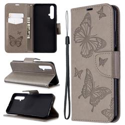 Embossing Double Butterfly Leather Wallet Case for Huawei Honor 20s - Gray