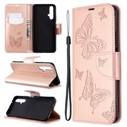 Embossing Double Butterfly Leather Wallet Case for Huawei Honor 20s - Rose Gold