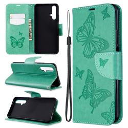 Embossing Double Butterfly Leather Wallet Case for Huawei Honor 20s - Green