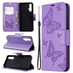 Embossing Double Butterfly Leather Wallet Case for Huawei Honor 20s - Purple