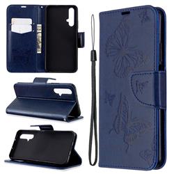 Embossing Double Butterfly Leather Wallet Case for Huawei Honor 20s - Dark Blue