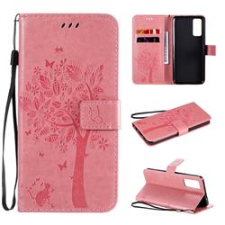 Embossing Butterfly Tree Leather Wallet Case for Huawei Honor 30 - Pink