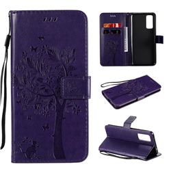 Embossing Butterfly Tree Leather Wallet Case for Huawei Honor 30 - Purple