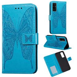 Intricate Embossing Vivid Butterfly Leather Wallet Case for Huawei Honor 30 - Blue