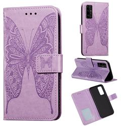 Intricate Embossing Vivid Butterfly Leather Wallet Case for Huawei Honor 30 - Purple