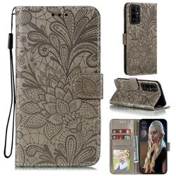 Intricate Embossing Lace Jasmine Flower Leather Wallet Case for Huawei Honor 30 - Gray