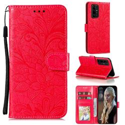 Intricate Embossing Lace Jasmine Flower Leather Wallet Case for Huawei Honor 30 - Red