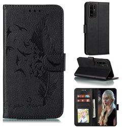 Intricate Embossing Lychee Feather Bird Leather Wallet Case for Huawei Honor 30 - Black