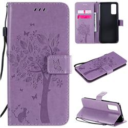 Embossing Butterfly Tree Leather Wallet Case for Huawei Honor 30 Pro - Violet