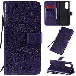 Embossing Sunflower Leather Wallet Case for Huawei Honor 30 Pro - Purple