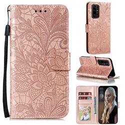Intricate Embossing Lace Jasmine Flower Leather Wallet Case for Huawei Honor 30 Pro - Rose Gold
