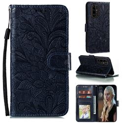 Intricate Embossing Lace Jasmine Flower Leather Wallet Case for Huawei Honor 30 Pro - Dark Blue