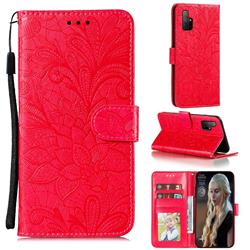 Intricate Embossing Lace Jasmine Flower Leather Wallet Case for Huawei Honor 30s - Red