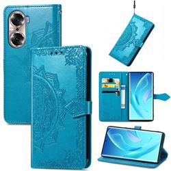 Embossing Imprint Mandala Flower Leather Wallet Case for Huawei Honor 60 - Blue