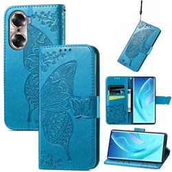 Embossing Mandala Flower Butterfly Leather Wallet Case for Huawei Honor 60 - Blue