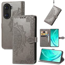 Embossing Imprint Mandala Flower Leather Wallet Case for Huawei Honor 60 Pro - Gray