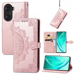 Embossing Imprint Mandala Flower Leather Wallet Case for Huawei Honor 60 Pro - Rose Gold
