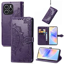 Embossing Imprint Mandala Flower Leather Wallet Case for Huawei Honor 60 SE - Purple