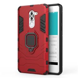 Black Panther Armor Metal Ring Grip Shockproof Dual Layer Rugged Hard Cover for Huawei Honor 6X Mate9 Lite - Red