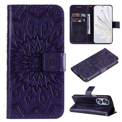 Embossing Sunflower Leather Wallet Case for Huawei Honor 70 - Purple