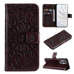 Embossing Sunflower Leather Wallet Case for Huawei Honor 70 - Brown