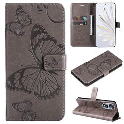 Embossing 3D Butterfly Leather Wallet Case for Huawei Honor 70 - Gray