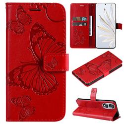 Embossing 3D Butterfly Leather Wallet Case for Huawei Honor 70 - Red