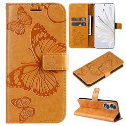 Embossing 3D Butterfly Leather Wallet Case for Huawei Honor 70 - Yellow