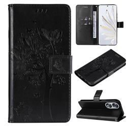 Embossing Butterfly Tree Leather Wallet Case for Huawei Honor 70 - Black