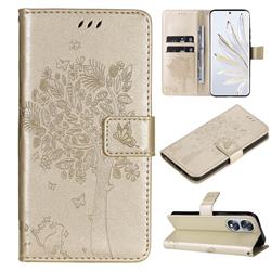 Embossing Butterfly Tree Leather Wallet Case for Huawei Honor 70 - Champagne