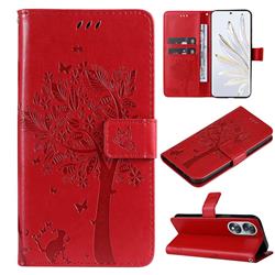 Embossing Butterfly Tree Leather Wallet Case for Huawei Honor 70 - Red
