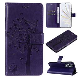 Embossing Butterfly Tree Leather Wallet Case for Huawei Honor 70 - Purple