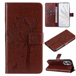 Embossing Butterfly Tree Leather Wallet Case for Huawei Honor 70 - Coffee