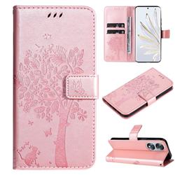 Embossing Butterfly Tree Leather Wallet Case for Huawei Honor 70 - Rose Pink