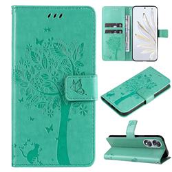 Embossing Butterfly Tree Leather Wallet Case for Huawei Honor 70 - Cyan