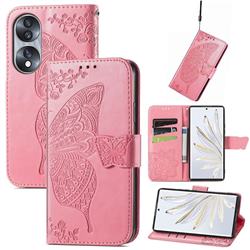 Embossing Mandala Flower Butterfly Leather Wallet Case for Huawei Honor 70 - Pink