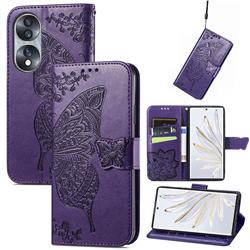 Embossing Mandala Flower Butterfly Leather Wallet Case for Huawei Honor 70 - Dark Purple