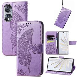 Embossing Mandala Flower Butterfly Leather Wallet Case for Huawei Honor 70 - Light Purple
